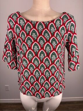 Twik Simons Geometric Peacock Feather Print Blouse 3/4 Flutter Sleeve XS